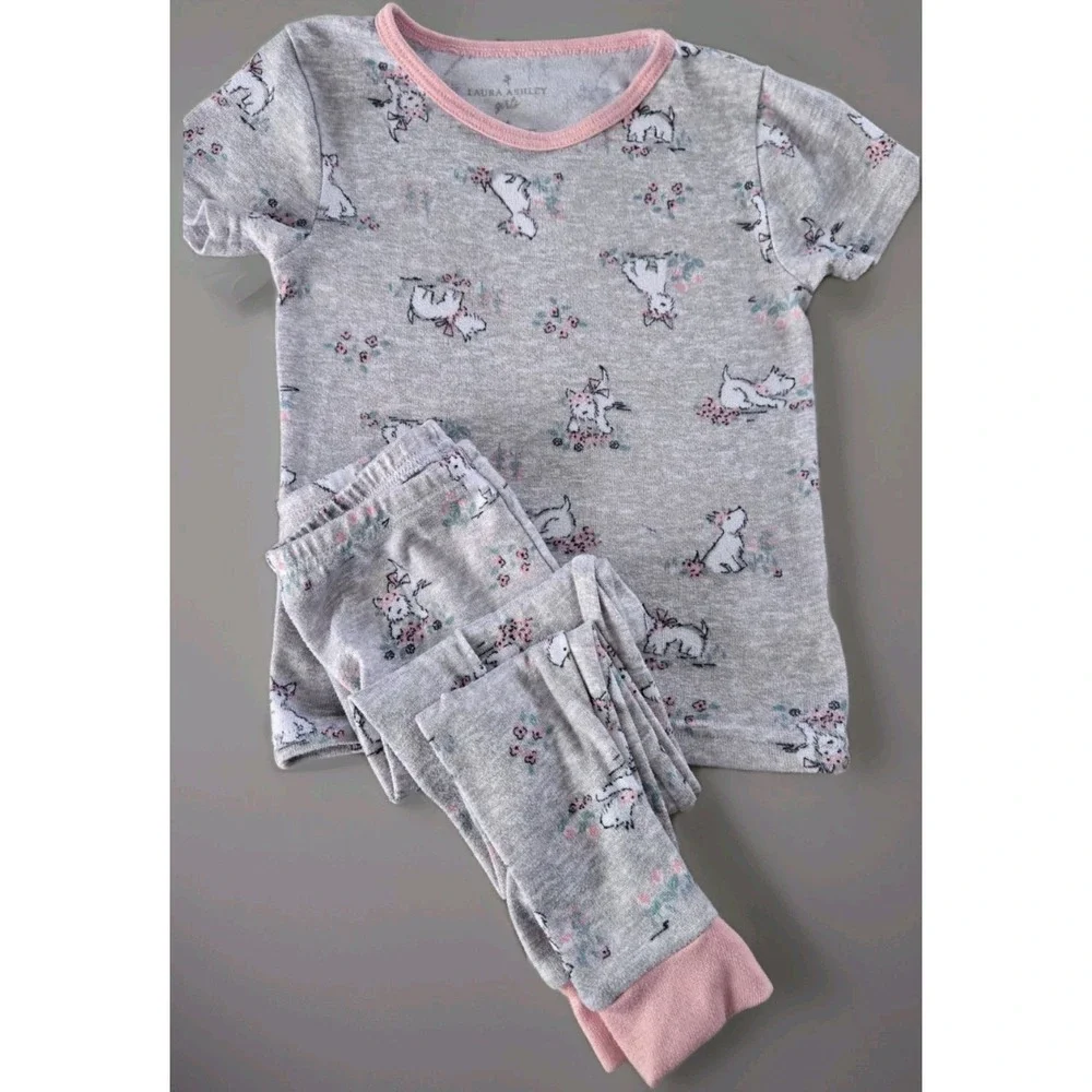 Laura Ashley Girl Pajama Set Size 6 Terrier Puppy Floral Soft Gray Pink Sleep